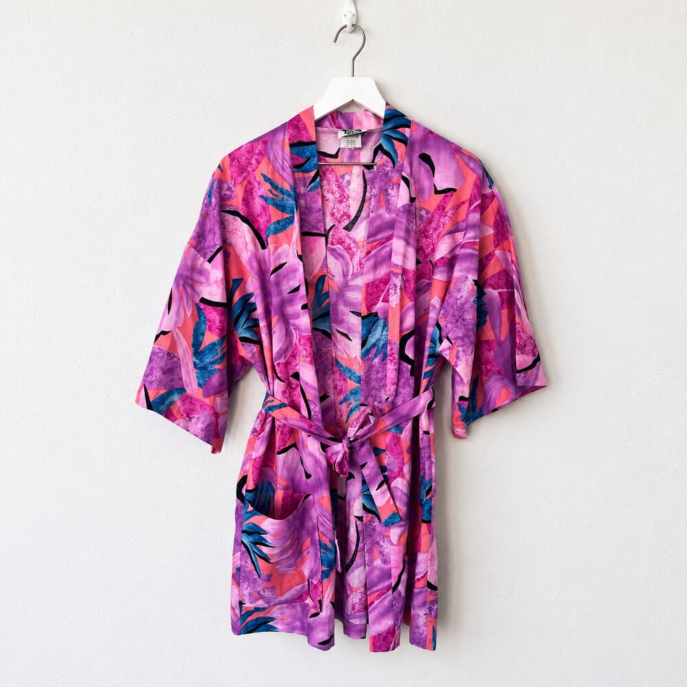 Vintage Hilo Hattie Pink Purple Tropical Cotton Kimono Robe Made in Hawaii OS